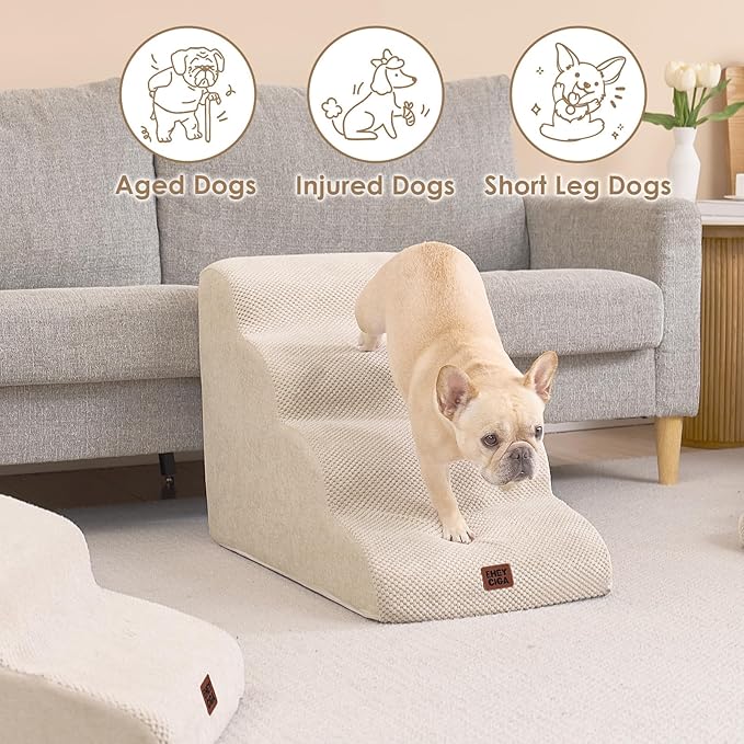 EHEYCIGA Curved Dog Stairs Ramp for High Beds 19.7" H, 4-Step Dog Steps for Small Dogs and Cats, Pet Stairs for High Bed Climbing, Non-Slip Balanced Pet Step Indoor, Beige-PawvioPets