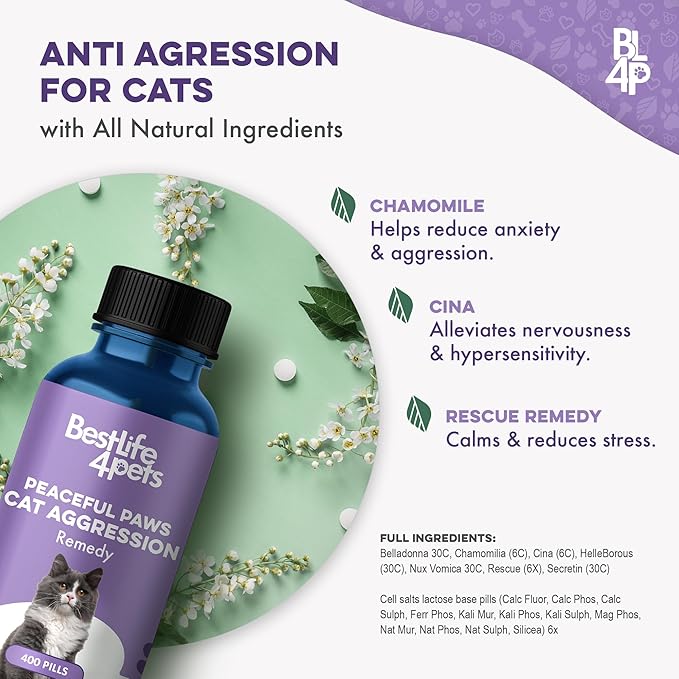 Anti Aggression for Cats Calming Remedy, A Natural Diffuser and Cat Calming Aid for Stress, Spiteful Spraying, Scratching & Territorial Behavior, Non-Drowsy, 400 Odorless, Tasteless Pills-PawvioPets