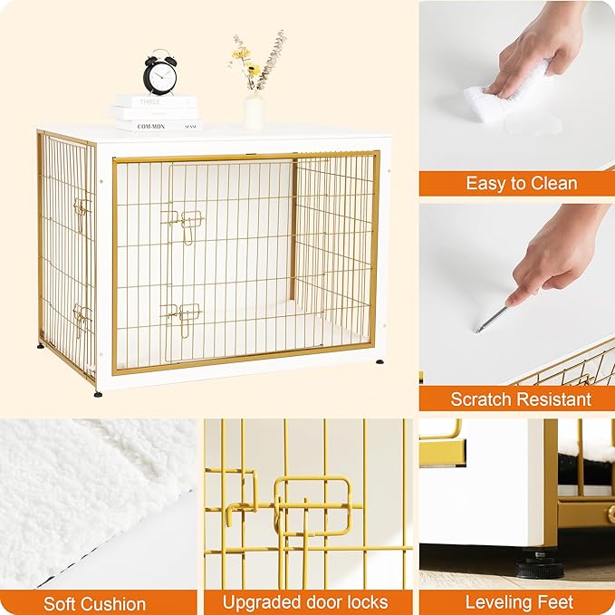 DWANTON Dog Crate Furniture with Cushion, Wooden Kennel Table with Double Doors, Indoor Dog House, Extra Large Size, 43.3" L, White+Gold-PawvioPets