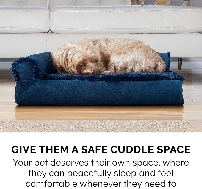 Furhaven Cooling Gel Dog Bed for Large Dogs w/ Removable Bolsters & Washable Cover, For Dogs Up to 125 lbs - Plush & Velvet L Shaped Chaise - Deep Sapphire, Jumbo Plus/XXL-PawvioPets