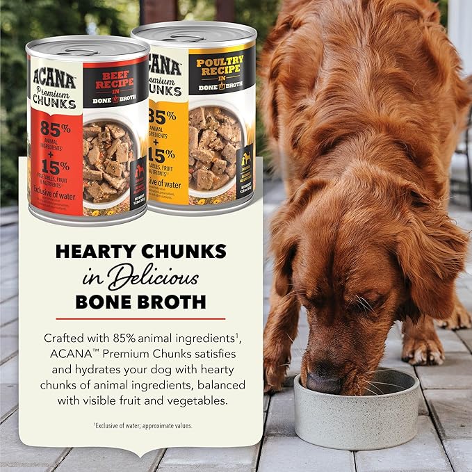 ACANA Premium Chunks in Bone Broth Grain-Free Wet Dog Food Variety Pack: Beef + Poultry Recipes 12.8oz Cans (6 Count, 3 of Each)-PawvioPets