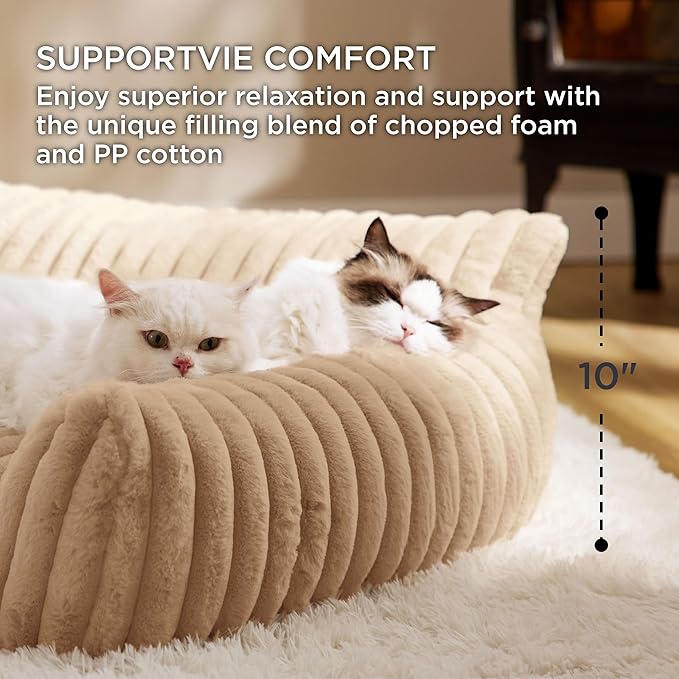 Bedsure Cute Cat Couch for Pets - Fluffy Cat Sofa with Premium Soft Corduroy Fleece, Fuzzy Pet Couch Bed with Removable Washable Cover, Supportive Pet Chair for Indoor Cats, 24inch, Tuscan Beige-PawvioPets