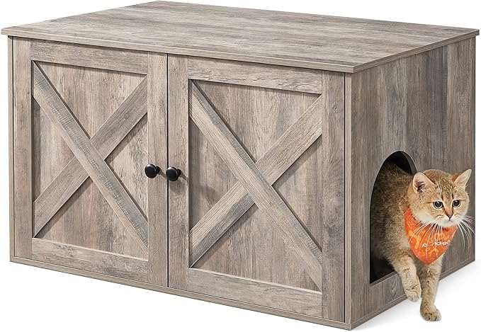 Feandrea Cat Litter Box Enclosure, Litter Box Furniture Hidden with Removable Divider, Indoor Cat House, End Table, 31.5 x 20.9 x 19.7 Inches, Greige UPCL002G01-PawvioPets