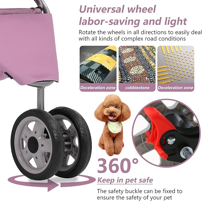 Dog Stroller,3 Wheels Travel Folding Pet Stroller for Small Medium Dog Cat Jogger Stroller with Storage Basket Removable Liner Pink-PawvioPets
