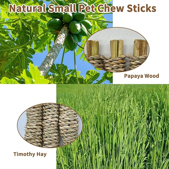 Fhiny 12 PCS Rabbit Chew Sticks, Natural Papaya Wood Seagrass Guinea Pig Chew Toys for Teeth Small Animal Molar Sticks Snacks for Bunny Guinea Pig Chinchilla Ferret Hamster Gerbil Dental Care-PawvioPets