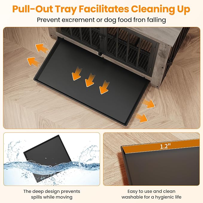 Dog Crate Furniture, Dog Crate End Table for Small and Medium Dogs,Wooden Cage Kennel Furniture Indoor, Modern Dog Crate with Multi-Purpose Removable Tray, Double-Doors Dog Furniture, Greige-PawvioPets