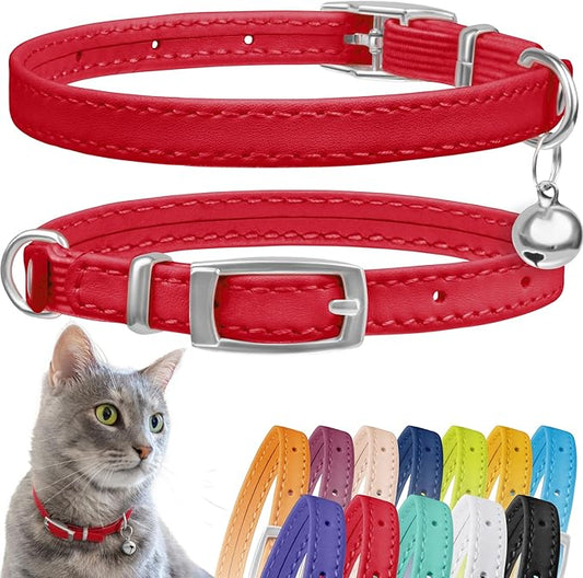 CollarDirect Leather Cat Collar, Cat Safety Collar with Elastic Strap, Kitten Collar with Bell Black Blue Red Orange Lime Green (6-7 Inch, Red)-PawvioPets