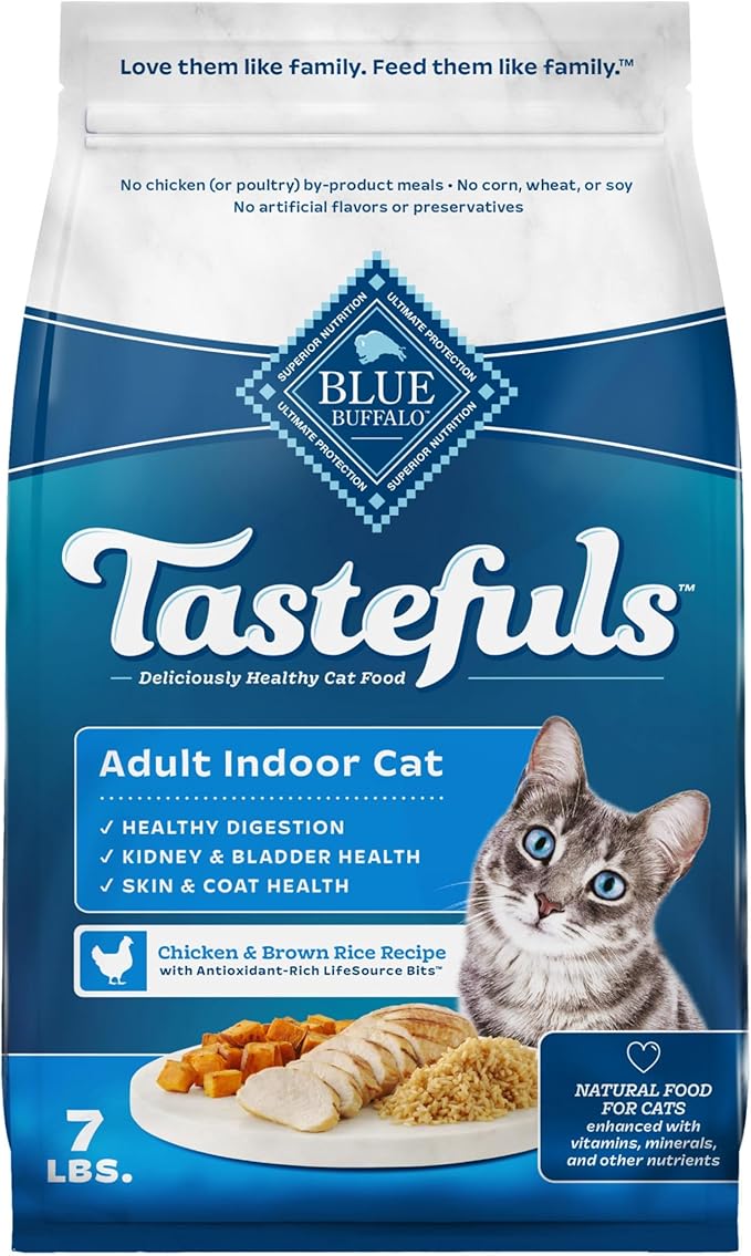 Blue Buffalo Tastefuls Natural Dry Food for Adult Indoor Cats, Chicken & Brown Rice Recipe, 7-lb. Bag-PawvioPets