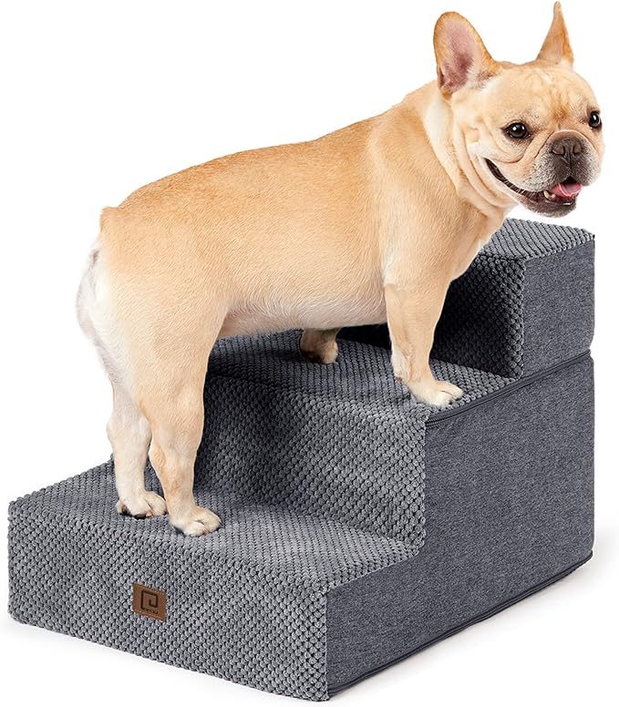 EHEYCIGA Dog Stairs for Small Dogs 13.5" H, 3-Step Dog Steps for Couch Sofa and Chair, Pet Steps for Medium Cats, Non-Slip Balanced Pet Ramp Indoor, Grey-PawvioPets