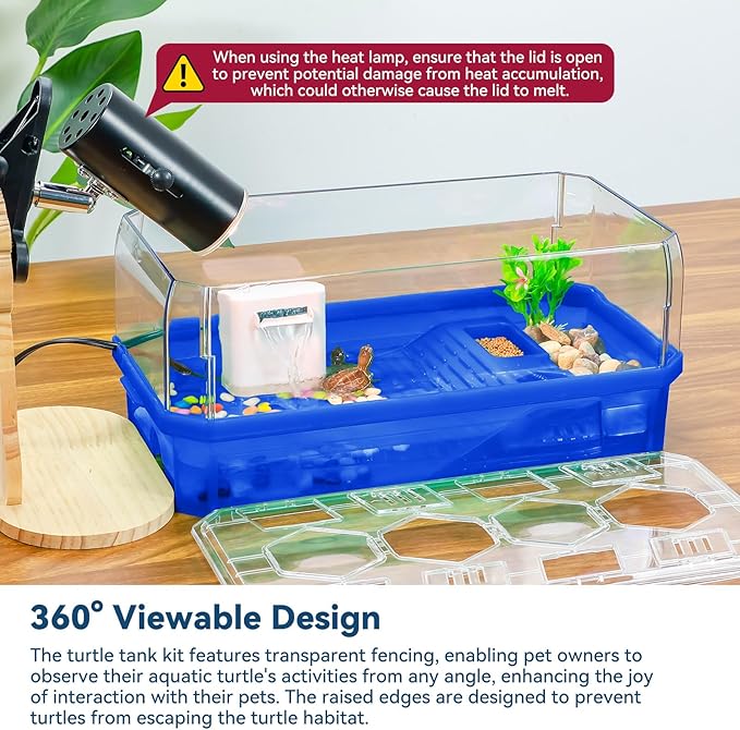Aquatic Turtle Tank Habitat Kit Stone+Filter+Heat Lamp Enhancing Interaction with 360° Viewing, Standalone Filtration, DIY Creative Zone, Enriched Living (Blue, Medium[with Light])-PawvioPets