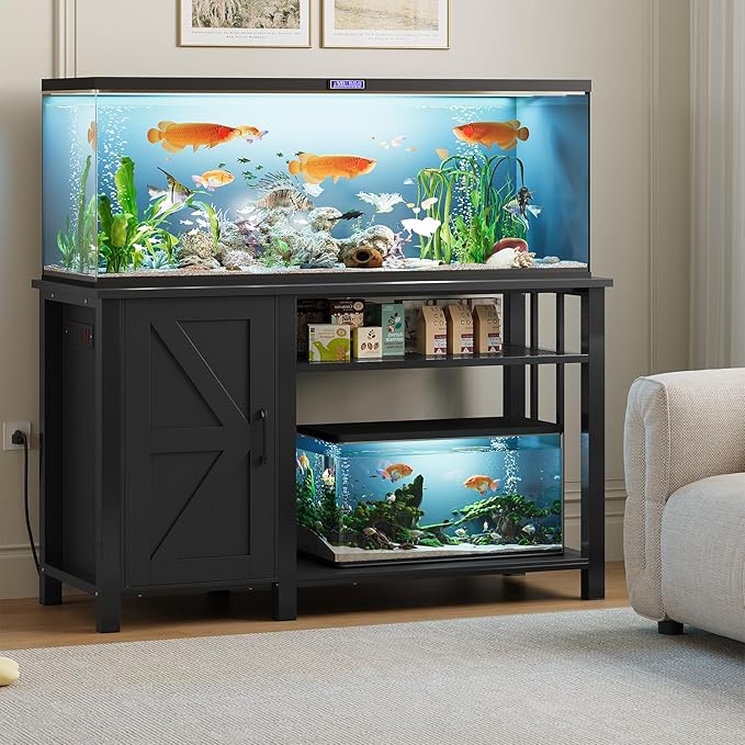 55-75 Gallon Aquarium Stand with Power Outlet, Heavy Duty Fish Tank Stand with Cabinet Storage & Adjustable Shelf, for Fish Tank, Turtle Tank, Reptile Terrarium, 1000LBS Capacity, Black-PawvioPets
