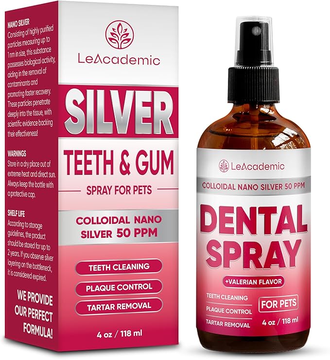Dental Spray for Pets – Cat & Dog Breath Freshener That Helps with Tartar, Plaque, & Bad Odor – Silver 50 PPM + Valerian Flavour for Dog Teeth Cleaning – 4 Oz-PawvioPets