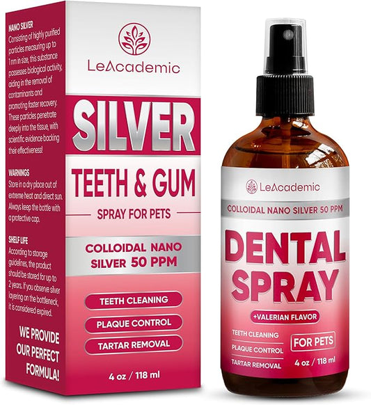 Dental Spray for Pets – Cat & Dog Breath Freshener That Helps with Tartar, Plaque, & Bad Odor – Silver 50 PPM + Valerian Flavour for Dog Teeth Cleaning – 4 Oz-PawvioPets
