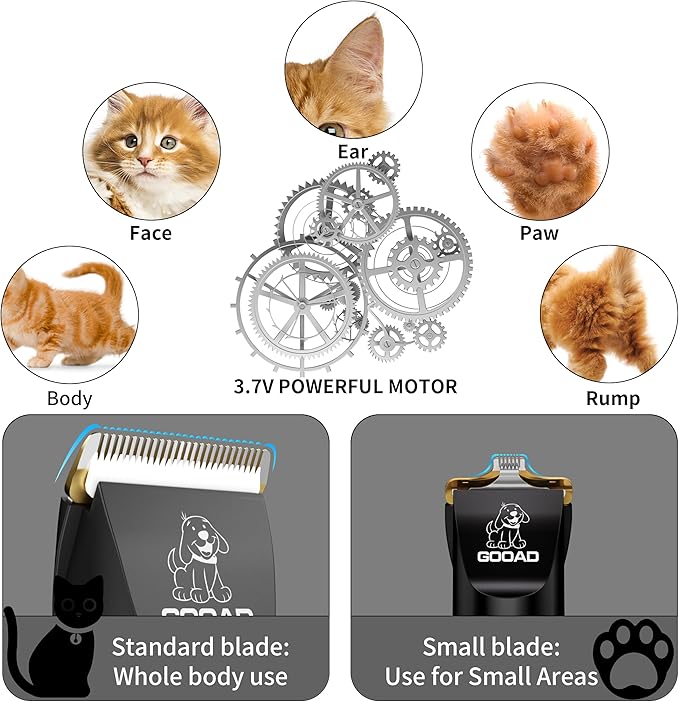 Cat Clippers, Professional Cat Grooming Kit, Cordless Cat Grooming Clippers for Thick Coats, Cat Hair Trimmer, Low Noise Cat Shaver Clippers, Quiet Pet Hair Clippers Tools for Cats Dogs (Black)-PawvioPets