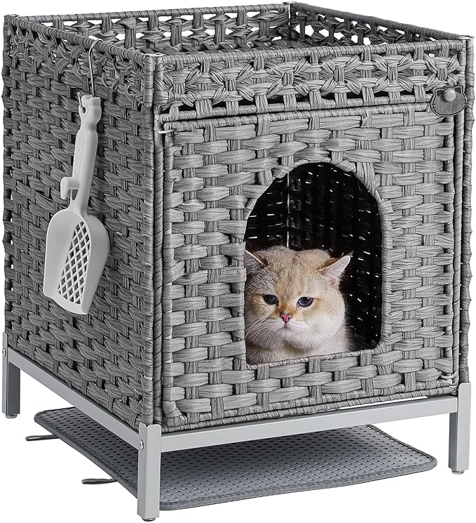 Cat Litter Box Enclosure Hidden Litter Box Furniture with Metal Heightened Feet, Rattan Handwoven Cat House with Litter Mat, Hidden Litter Box Furniture for Bedroom Living Room Gray-PawvioPets