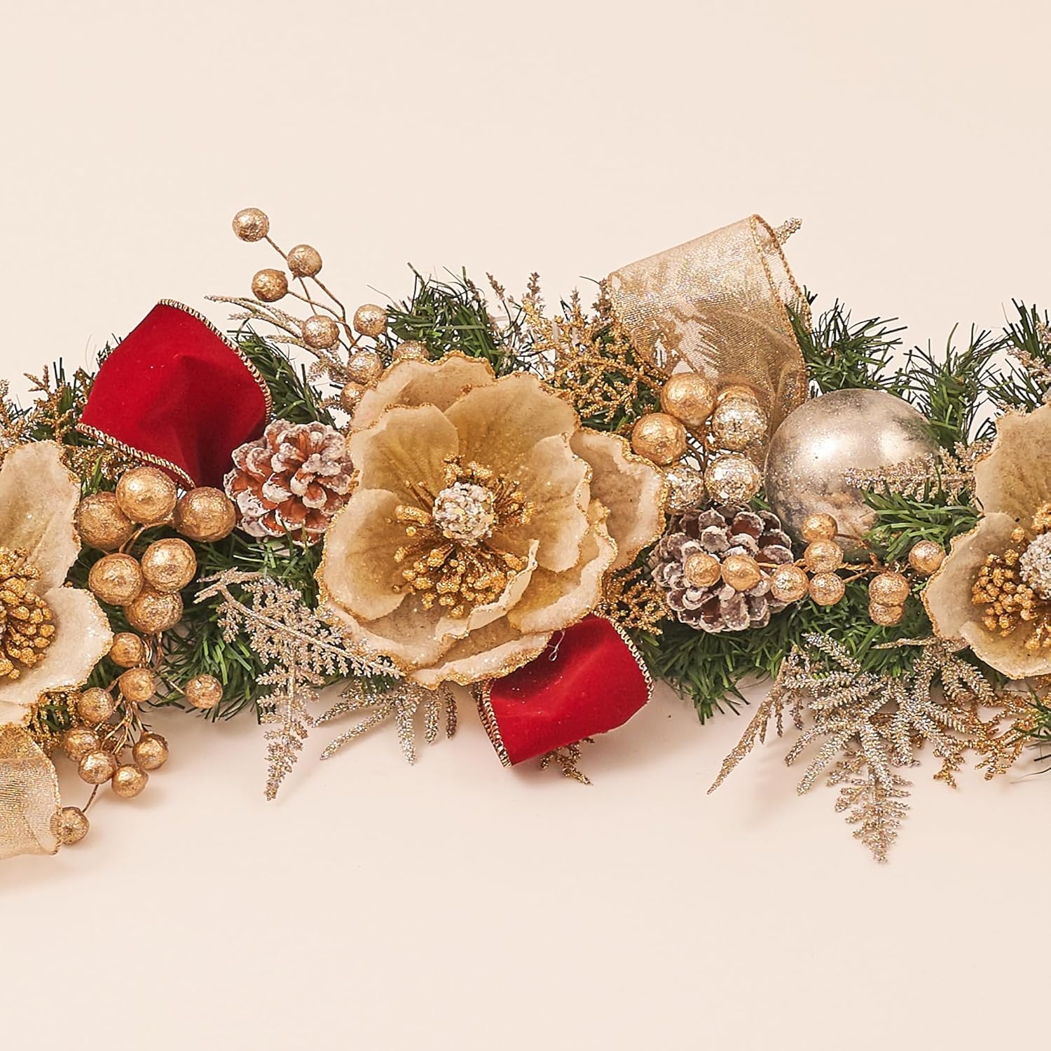 5ft Handcrafted Premium Christmas Garland Glittery Glam Magnolia - Unlit, Artificial for Stairs Railing, Banister, Staircase, Fireplace HOLIDAY TREE