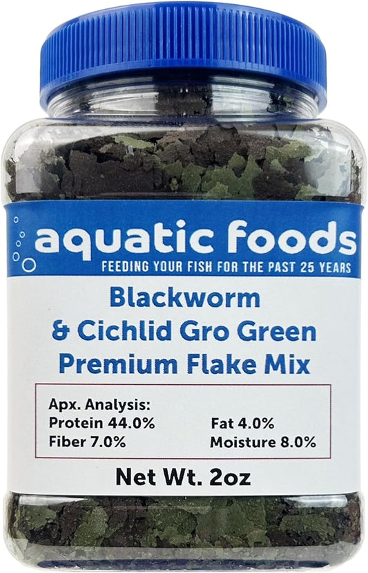 Aquatic Foods Inc. California Blackworm & Cichlid Green GRO Premium Flakes for Discus, Cichlids All Community Tropical Fish Also Pellet Mix, Wafer Mix Included…2oz-PawvioPets