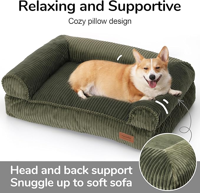 FUKUMARU Cute Dog Bed, Fluffy Dogs Couch with TPU Layer Keeping Lining Dry, Pet Sofa Medium Size Dog Easy to Care, Warm Cat Bed with Removable Zipper Cover, 36inch, Large, Green-PawvioPets