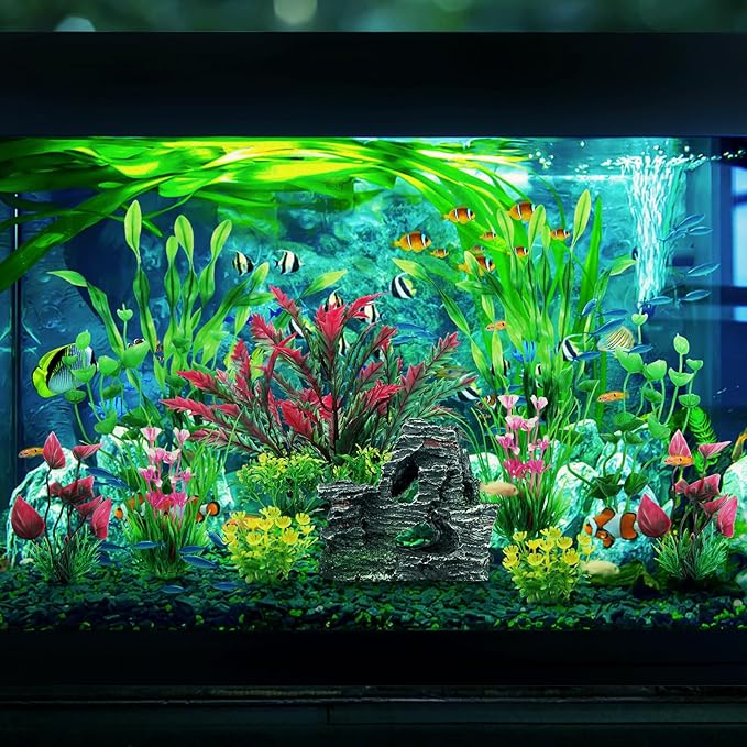 Fish Tank Accessories Aquarium Plants, 12pcs Colorful Fish Tank Artificial Plants and Cave Rock Decor Set, Aquarium Decorations Plants-PawvioPets