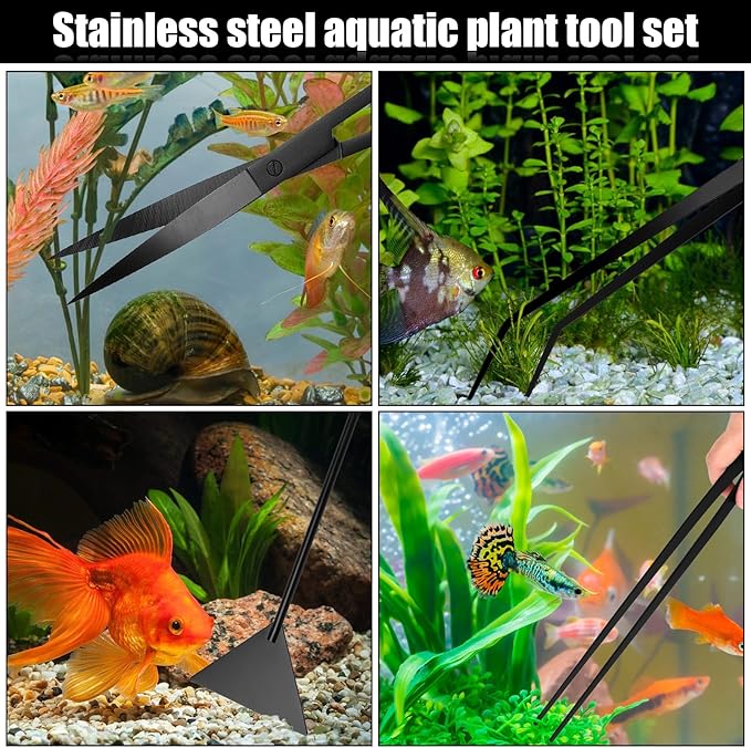 15Inch Extra Long Design Aquarium Aquascaping Tool Stainless Steel Aquascape Tools Kit 4 in 1 Anti-Rust Fish Tank Starter Kit with Long Tweezers Scissors Spatula for Aquarium Plants (Black)-PawvioPets