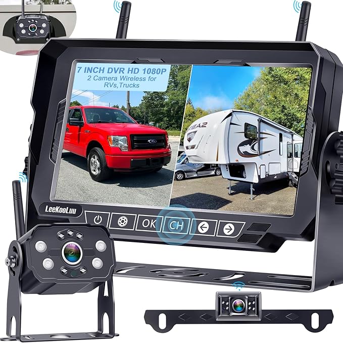 Dual RV Backup Cameras Wireless - Ease Install Plug-Play Recording HD 1080P 7'' Touch Key Monitor Trailer Truck Rear View Cam Night Vision Signal No-Delay 4 Channels for Furrion Pre-Wired Mount-PawvioPets