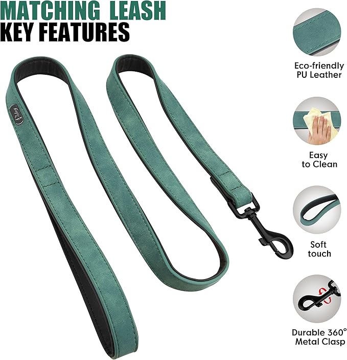 Didog Soft Padded Leather Dog Collar and Leash Set, Adjustable 4FT Faux Leather Dog Leash and Collar Set with Metal Buckle for Small Medium Large Dogs, Green, L-PawvioPets