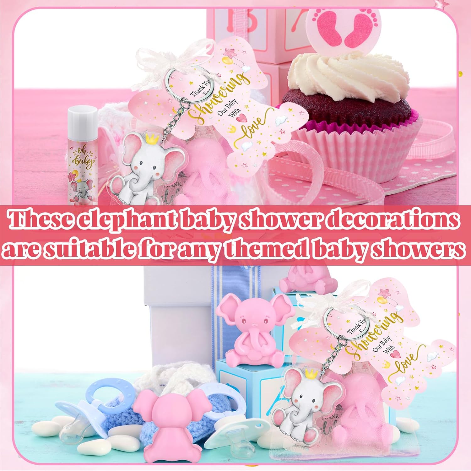 288 Baby Shower Favors Baby Shower Gifts Bulk Lip Balms Soaps Keychains Organza Bags Guest Appreciation Gift with Thank You Tags and Cards for Boys Girls Guest Gift(Pink,Elephant)