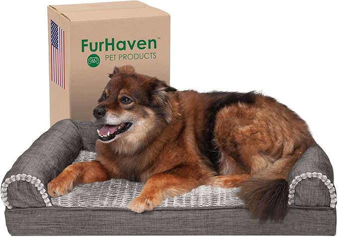 Furhaven Cooling Gel Dog Bed for Large/Medium Dogs w/ Removable Bolsters & Washable Cover, For Dogs Up to 55 lbs - Luxe Faux Fur & Performance Linen Sofa - Charcoal, Large-PawvioPets