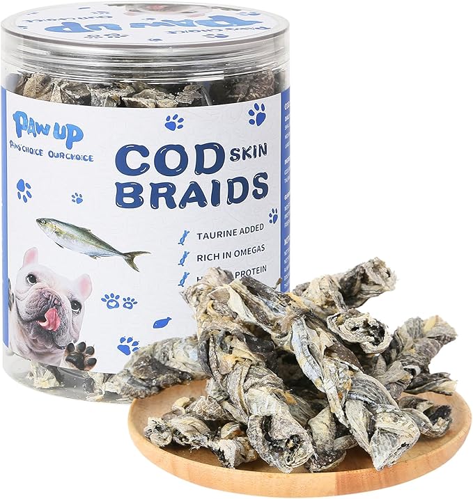 Cod Fish Skin Braids Dog Treats Natural Dried Dog Snacks Sticks, High Omega-3 Single Ingredient Cod Skin Chews w/Taurine, 7 oz-PawvioPets