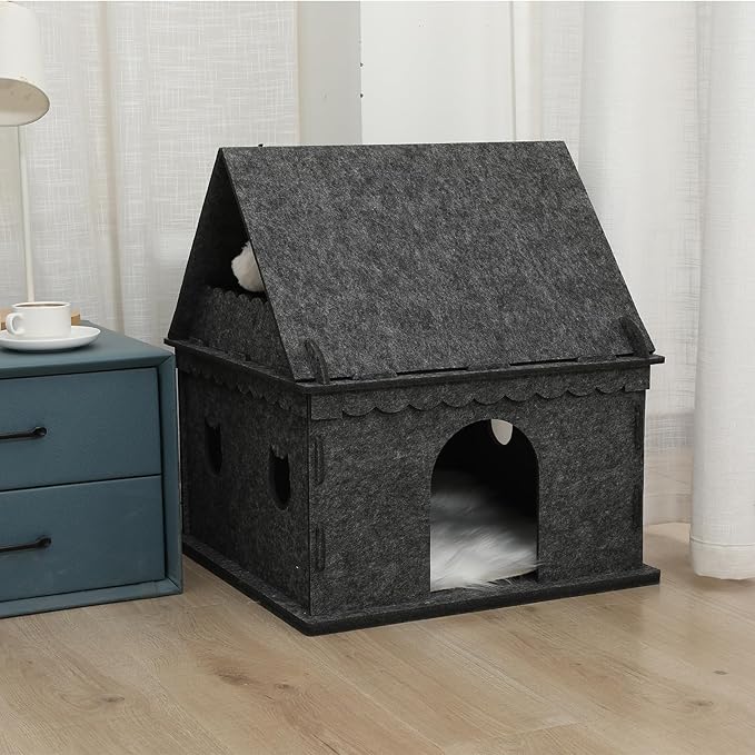 2-Tier Indoor Cat Apartment，Cozy Pet Cat Bed, Hideaway, and Sturdy Cat Castle for Multiple and Large Cats-PawvioPets