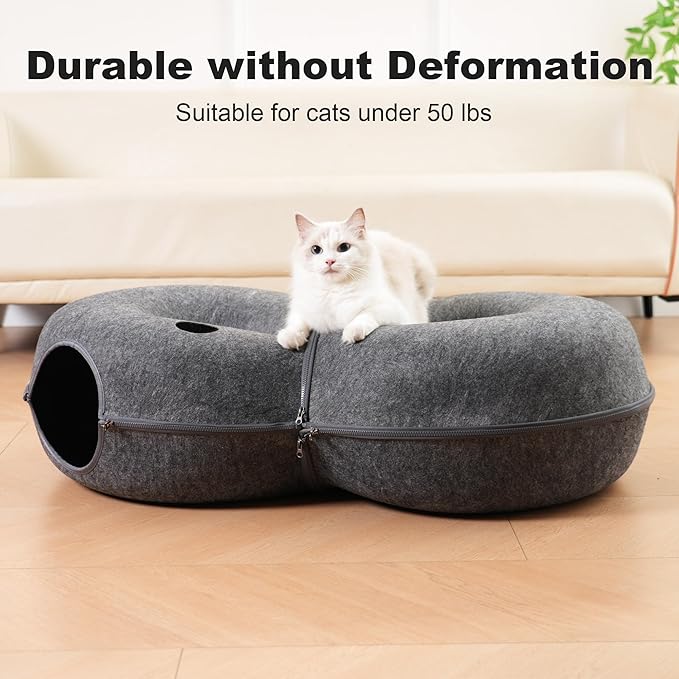 8-Shaped Large Cat Tunnel Bed for Indoor Cats, Infinite Circulation Peekaboo Cat Cave with 12 Toy Balls, Cat Donut Tunnel for Cats up to 30 Pounds (Dark Grey, L 38x24x11in)-PawvioPets