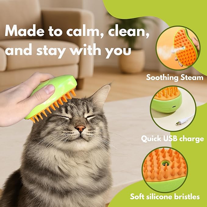Cat Brush with Steam – Steam Cat Brushes for Indoor Cats | Pet Spray Hair Removal Comb & Relaxing Grooming Tool for Calmer, Happier Cats-PawvioPets
