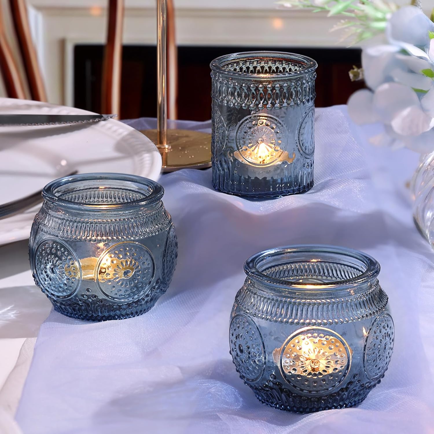 DARJEN 24 Pcs Blue Vintage Candle Holders - Bulk Glass Holders for Party & Wedding Decoration