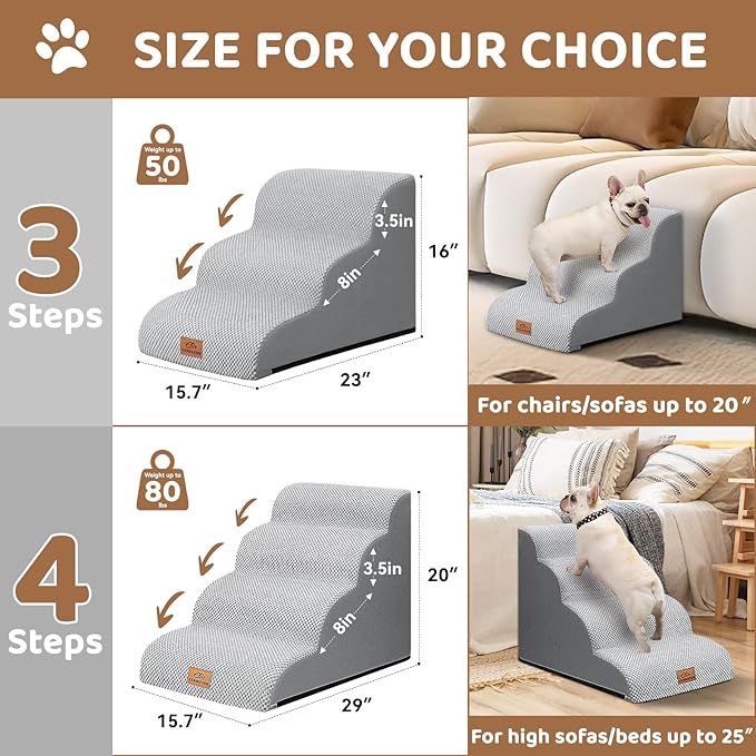 Dog Ramp and Stair for Bed 16" H-20 H,3-Step Cat Stair for Sofa and Chair,4-Step Dog Ramp for High Bed and Window,Durable Nonslip Fabric Cover for Indoor (Light Grey-16 H, Pet Friendly, 3)-PawvioPets