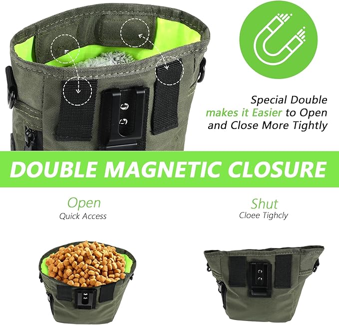 Dog Treat Pouches for Pet Training with Magnetic Closure Treat Pouches for Pet Training,Large Dog Treat Training Pouch and Dog Clicker,Training Treat Pouch Built-in Poop Bag Dispenser-Green-PawvioPets