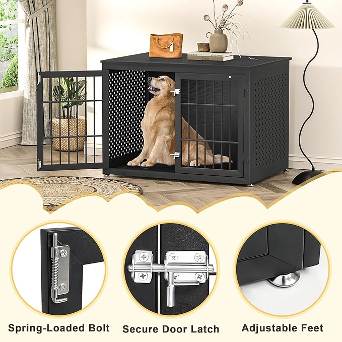 42" Heavy Duty Dog Crate Furniture for Large and Medium Dogs, Enclosed Design Wooden Metal Kennel, Wooden Cage Furniture Indoor, Decorative Dog Kennel End Table-PawvioPets