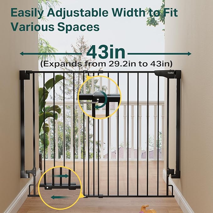 Cumbor 34" Extra Tall No Bottom Bar Baby Gate for Stairs, Auto Close Dog Gate Indoor for Larger Pets, 29.2-43" Hardware Mounted Safety Gate for Doorways, Wide Walk Thru Door for Easy Access (Black)-PawvioPets