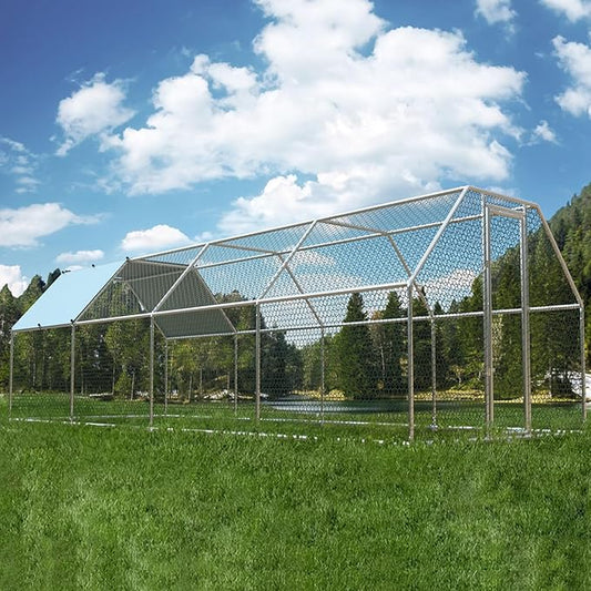 1.26’’ Large Metal Chicken Coop Walk in, Chicken Pen for Chickens, Outdoor Chicken Runs Coops Dog Kennel, Flat Roofed Chicken Runs for Yard with Anti-Ultraviolet Cover (9.2’L x 25’W x 6.4’H)-PawvioPets