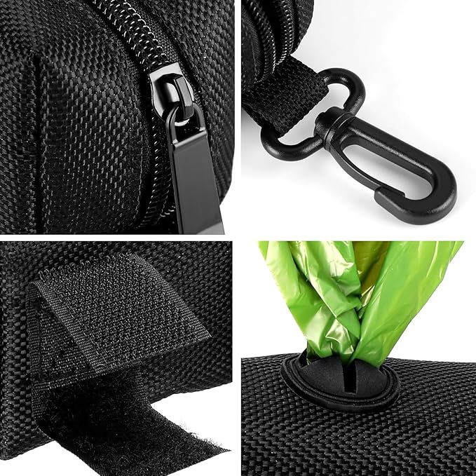 Dog Waste Bag Dispenser Pet Poop Bags Holder for Doggie Waste Bags Dispensers Soft Fabric Zipper Small Doggy Puppy Pouch for Leash Accessory Attachment with Carrier,Black-PawvioPets