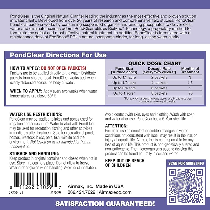 Airmax PondClear Packets, Beneficial Bacteria & Enzyme Clarifier Treatment with Ecoboost PRx, Clear & Clean Pond & Lake Water, Safe for Fish, 96 Count-PawvioPets