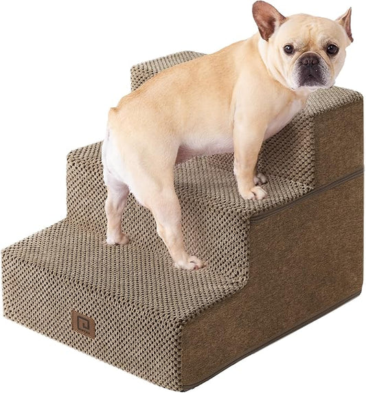 EHEYCIGA Dog Stairs for Small Dogs 13.5" H, 3-Step Dog Steps for Couch Sofa and Chair, Pet Steps for Medium Cats, Non-Slip Balanced Pet Ramp Indoor, Camel-PawvioPets