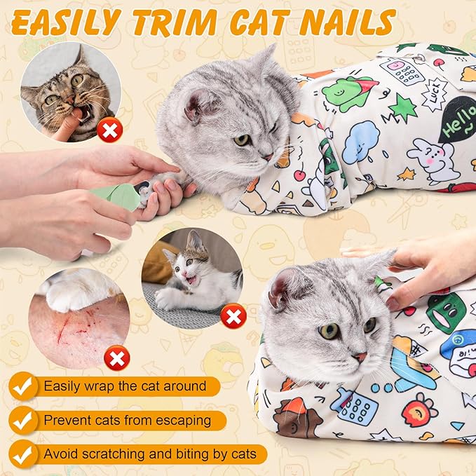27.6" Cat Wrap for Cutting Nails, Self-Adhesive Cat Grooming Wrap Anti-Escape Cat Restraint for Nail Clipping Cat Swaddle Wrap Cat Wrapping Cloth for Pet Cleaning and Beauty (Within 15lbs)-PawvioPets
