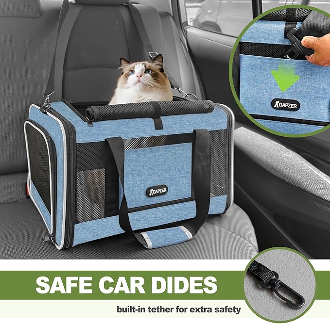 Cat Carrier 18 x 11 x 11 Top Loading Soft-Sided Pet Travel Bag Over 15lbs, Portable Small Dog Puppy Car Crate 10 lbs, Chihuahua Kennel Carry Case, Kitty Cloth Cage Medium Cat Under 25 Blue-PawvioPets