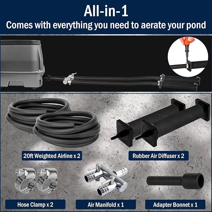 AquaMiracle All-in-1 Koi Pond Aeration Kit Pond Air Pump with Self-Sinking Airline Rubber Air Diffuser, Air Flow Control Pond Aerator for Outdoor Pond 5,000-10,000 Gallons-PawvioPets