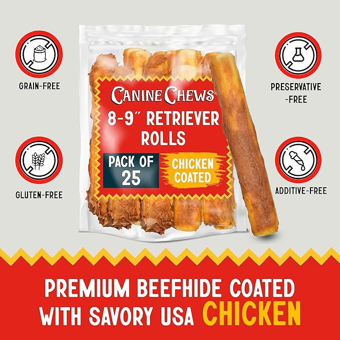 Canine Chews 8-9" Chicken Coated Dog Rawhide Retriever Rolls (25 Pack) - Chicken Rawhide Bones for Large Dogs - 100% USA-Sourced Chicken Coated Dog Rawhide Chews - Healthy Dog Dental Chew Rawhides-PawvioPets