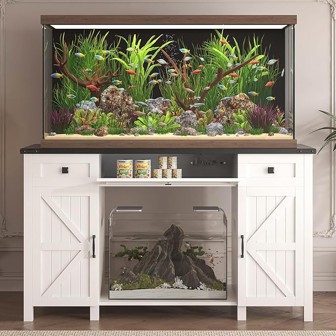 55-75 Gallon Aquarium Stand With Charging Station, Farmhouse Fish Tank Stand, Reptile Tank Stand Terrarium Stand with Drawer and Cabinet Storage, Sturdy Heavy Duty 53.5"×19.7" Tabletop - White-PawvioPets