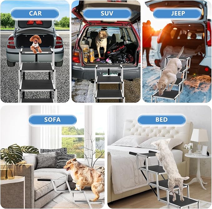 Dog Stairs for Large Dogs - 5 Step Foldable Dog Ramp for Car Non-Slip Surface Support up to 230lbs - Suitable for SUV,Truck, Sofas, Bed-PawvioPets