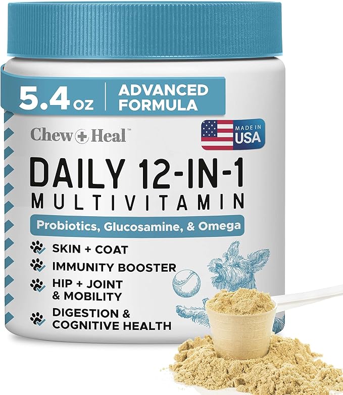 12-in-1 Multivitamin Powder for Dogs - 5.4 oz of Puppy and Senior Dog Vitamins and Supplements - Advanced Formula with Glucosamine, Omega 3,6,9, Vitamins, Probiotics, and More - Made in The USA-PawvioPets