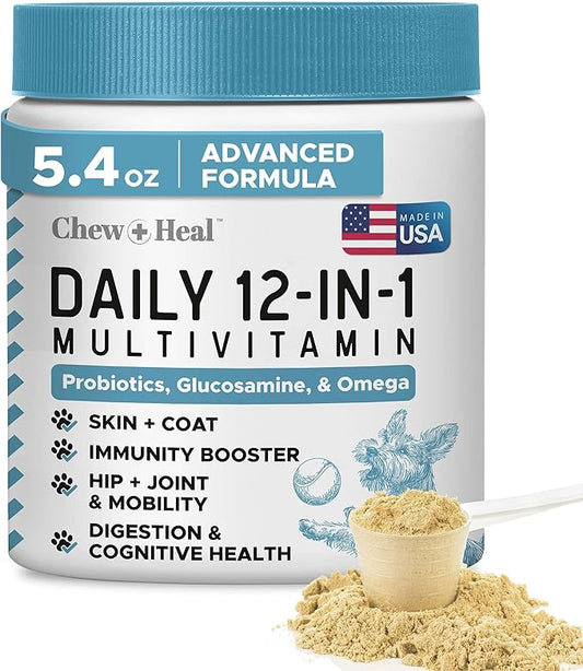 12-in-1 Multivitamin Powder for Dogs - 5.4 oz of Puppy and Senior Dog Vitamins and Supplements - Advanced Formula with Glucosamine, Omega 3,6,9, Vitamins, Probiotics, and More - Made in The USA-PawvioPets