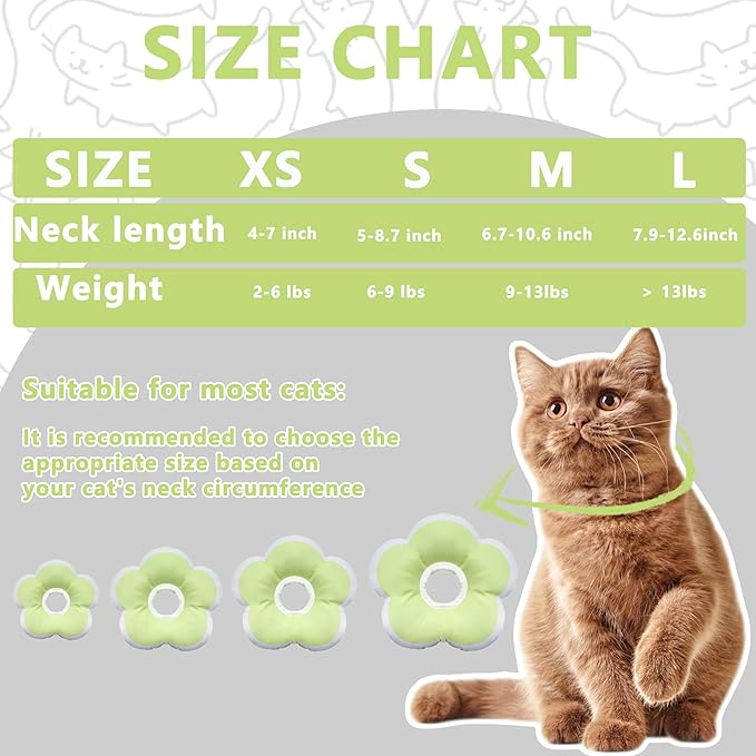 Cat Cone Collar Soft, Waterproof Cats Cones to Stop Licking After Surgery, Adjustable Soft Elizabeth Cats Collars for Wound Healing, Flower Shape Cat Recovery Collar (Green, Medium)-PawvioPets